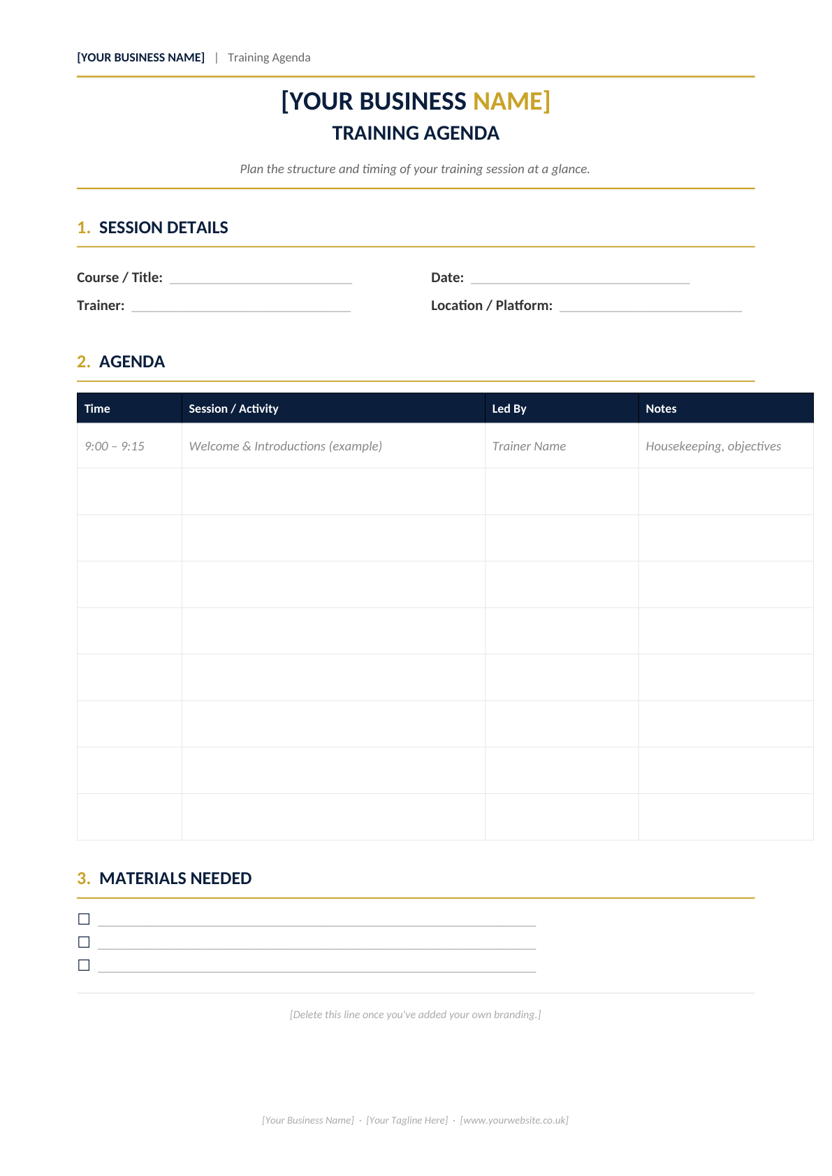 Training Agenda Template